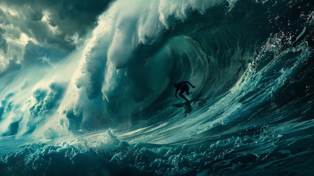 A surfer riding towering waves during a storm swell showcasing the thrill and danger of extreme ocean conditions