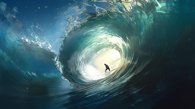 A surfer riding the tube of a colossal wave