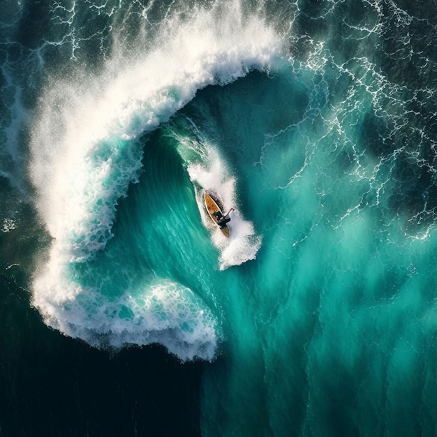 A surfer riding a wave with a surfboard in the water.