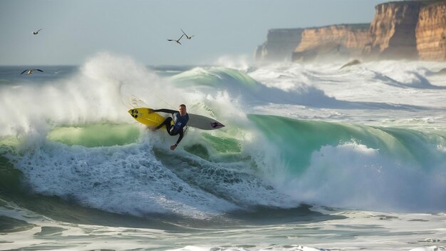 Surfer sailing through the foamy waves of the atlantic ocean toward the shore of nazare