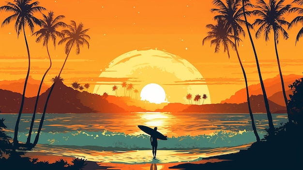 Surfer silhouette on beach with sunset paradise vintage Generative AI