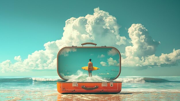 Photo a surfer stands in the ocean with a suitcase that says  surfer