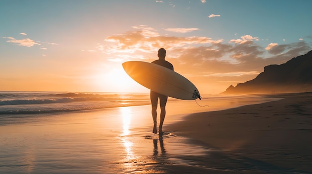 Photo a surfer walks along the beach at sunset with his surfboard