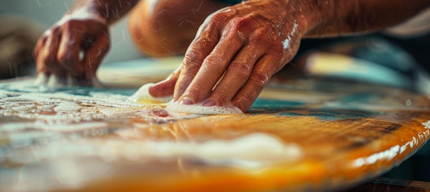 Surfer Waxing Surfboard CloseUp of Hands and Wax Texture Perfect for Print Posters and Design