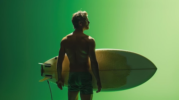 Surfer with Surfboard on Green Background