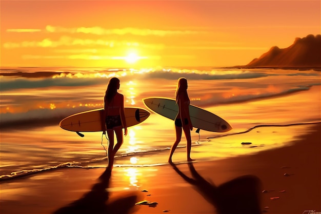 Surfer young women carrying boards and walking towards the ocean after day of surfing water sports