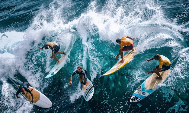 surfers are riding a wave at sunset