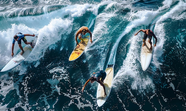 surfers are riding a wave at sunset