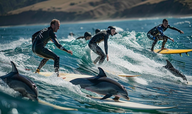 surfers are riding a wave at sunset