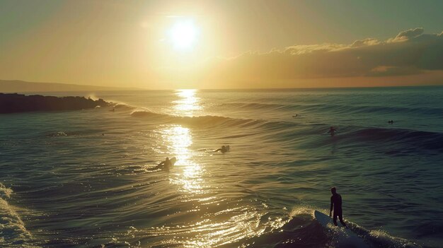 surfers are riding the waves at sunset on a sunny day generative ai