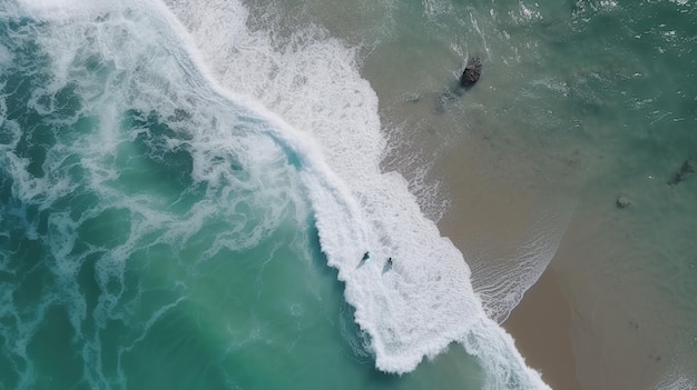 Surfers are swimming on the beach, aerial view of the ocean and the beach.