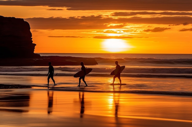 Surfers on the beach at sunset with a lighthouse in the background