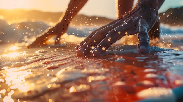 Surfers hand on surfboard Close up of surfers hand on surfboard while surfing in the ocean