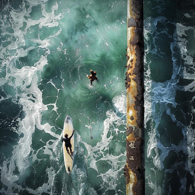 Surfers riding waves at a single pole capturing the essence of coastal fun