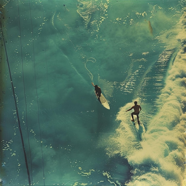 Surfers riding waves at a single pole capturing the essence of coastal fun