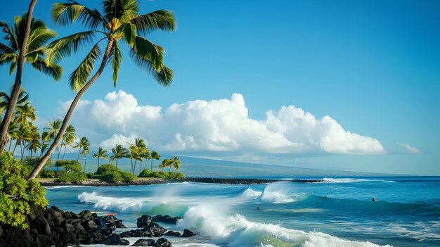 Surfers Seeking Thrill Catching Waves Under Tropical Blue Skies