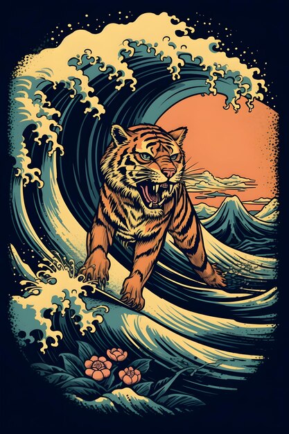 surfing animal 1950 illustration vector art black background