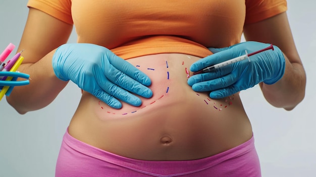 Photo surgeon in blue gloves prepping a womans abdomen for postpartum abdominoplasty