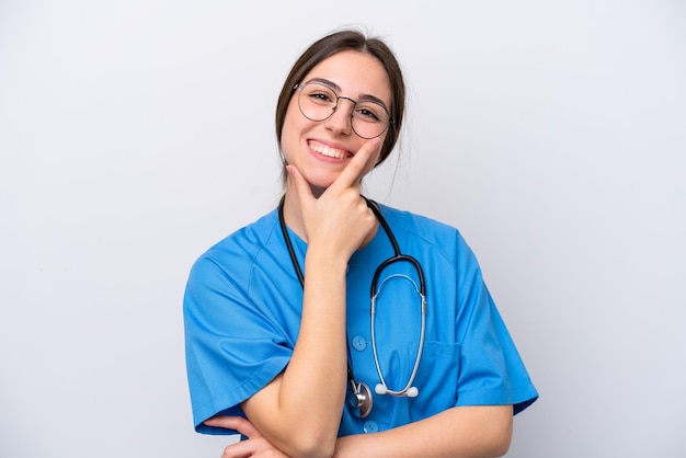 Surgeon doctor woman holding tools isolated on white background smiling