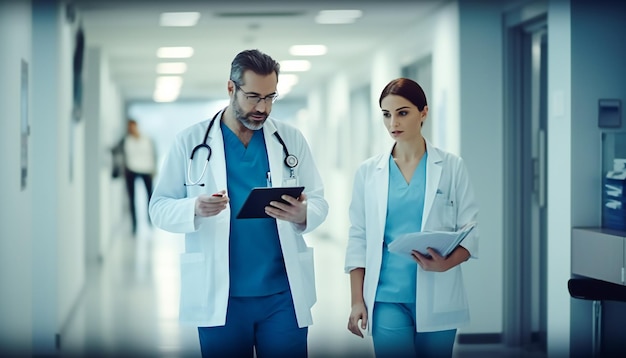 Surgeon and female doctor walk through hospital hallway