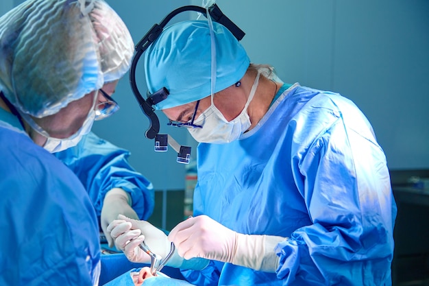 Surgeon and his assistant performing cosmetic surgery in hospital operating room.