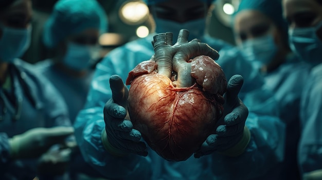 Photo surgeon holding heart in operating room