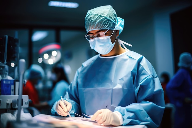 A surgeon in a hospital setting with a surgical instrument.