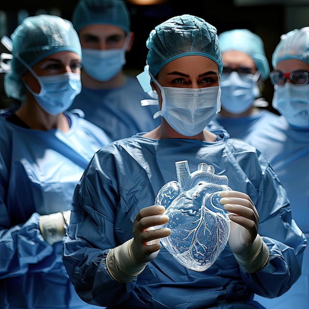 A surgeon is carefully gripping a fragile glass heart in her hands