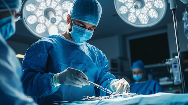 a surgeon is operating on a tray with a knife in his hand