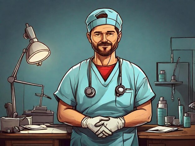 Surgeon in Operating Room Flat Vector Illustration Medical Staff in Hospital Doctor with Stethoscope Wearing Professional Uniform Cartoon Character Clinic Equipment Surgery Preparation