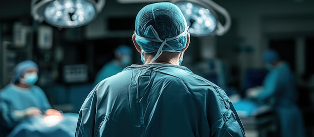 Photo surgeon in operating room with medical team performing surgery under bright surgical lights