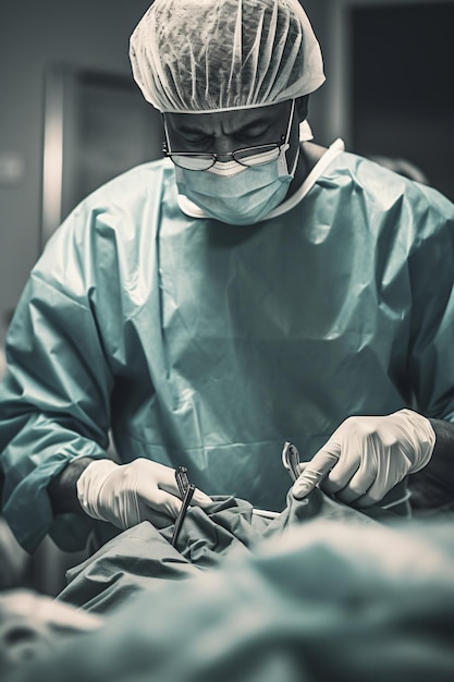 The surgeon performs an operation in the operating room