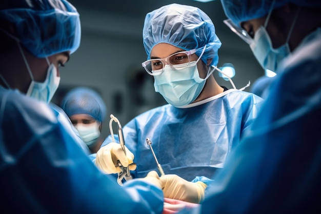 The surgeon performs an operation in protective clothing generative ai