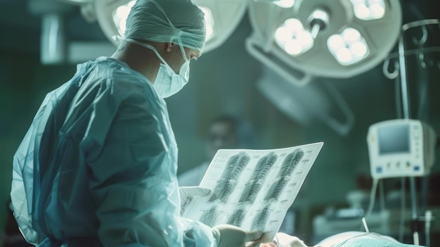 Photo a surgeon reviewing medical charts and xrays before surgery