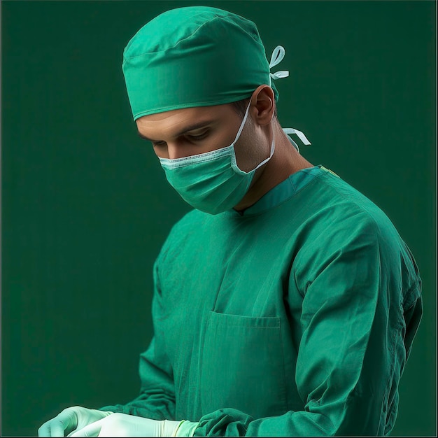 Photo a surgeon in scrubs and a surgical mask preparing for surgery