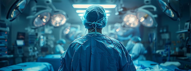 Photo a surgeon stands in a room with the words quot medical quot on the back