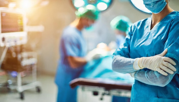 a surgeon with a glove on his hand stands in a hospital room