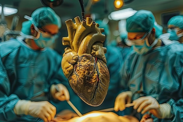 Surgeons are operating on a large heart in an operating room