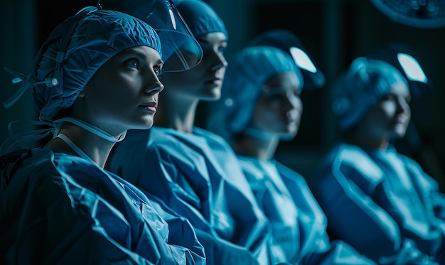 Photo surgeons sitting around wearing surgical suits