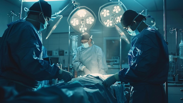 Surgeons in a sterile operating room conducting a critical operation copy space