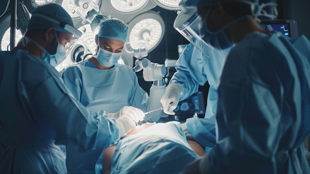 Surgeons in a sterile operating room conducting a critical operation copy space