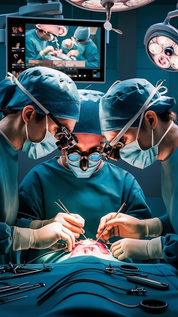 Surgeons wearing surgical loupes while performing operation