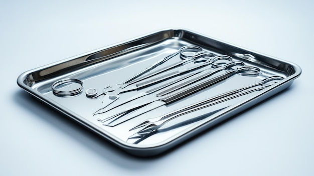 Photo surgical instruments in a stainless steel tray