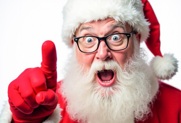 Photo surprise on the face of santa claus index finger up closeup on a white background