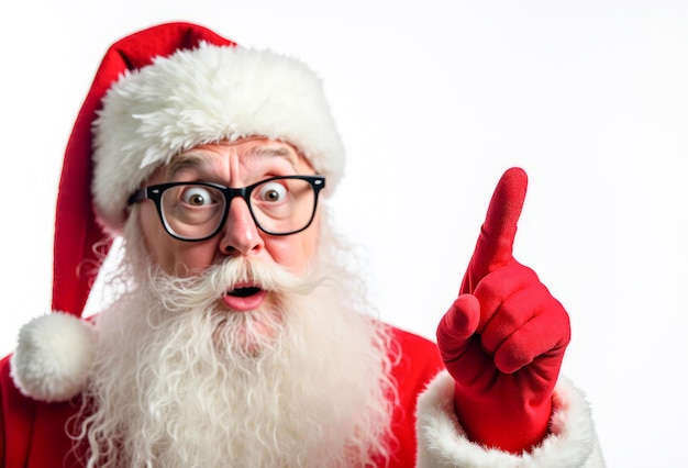 Photo surprise on the face of santa claus index finger up closeup on a white background