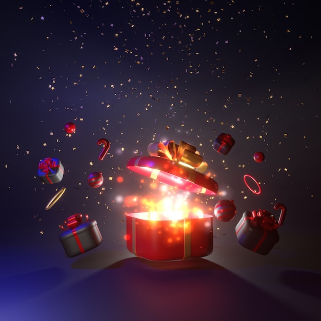 Surprise gift box with shiny confetti. 3d rendering