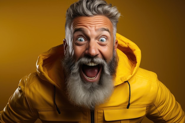 surprise man expression in yellow background with yellow hoodie Man wow expression with copy text