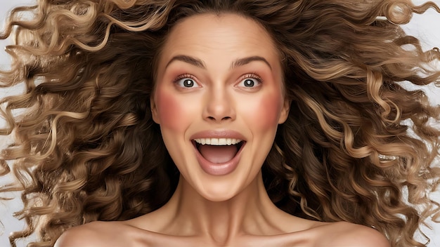 Surprise woman healthy model with natural makeup shiny clear skin and long curly hairstyle