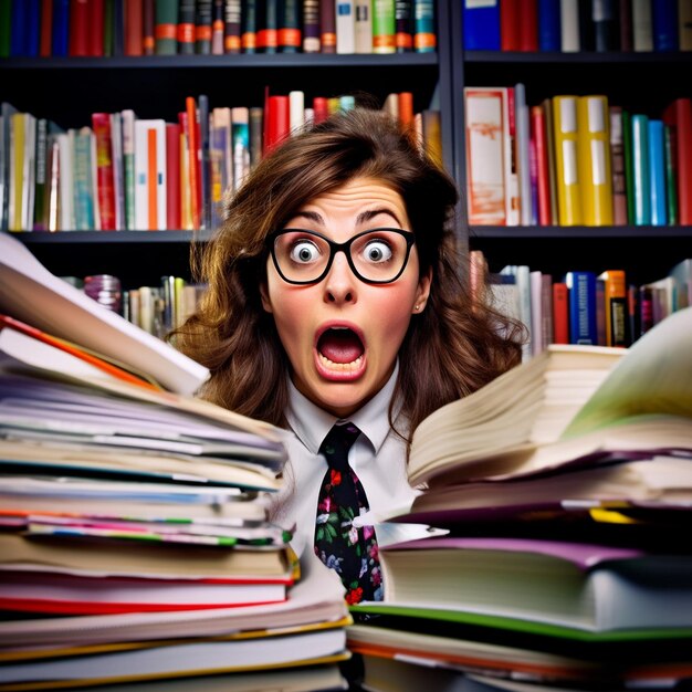 a surprised accountant businesswoman surrounded by documents