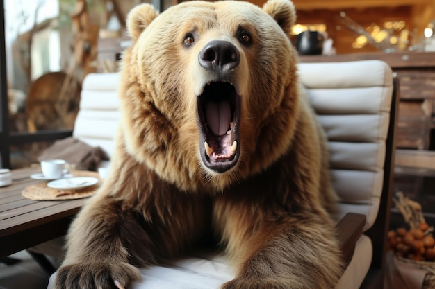 Surprised bear with astonished wide open eyes and stretched mouth exhibiting curiosity